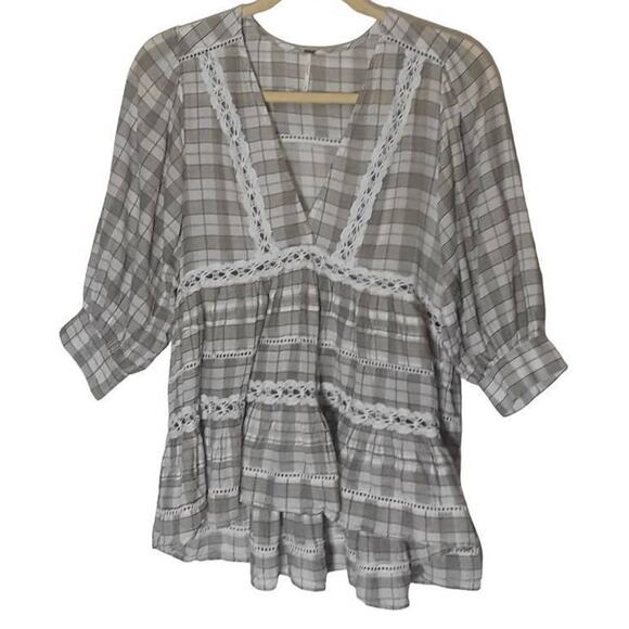 Free People Time Out Lace Tunic Ivory Eyelet V-Neck 3/4 Sleeves Medium - Picture 2 of 12